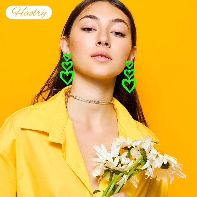 HOLYRY Neon Heart Earrings for Women Acrylic Neon Earrings 80s 90s Outfit for Women Glow Party Accessories Gifts Hot Pink Orange Green Yellow - Image 4